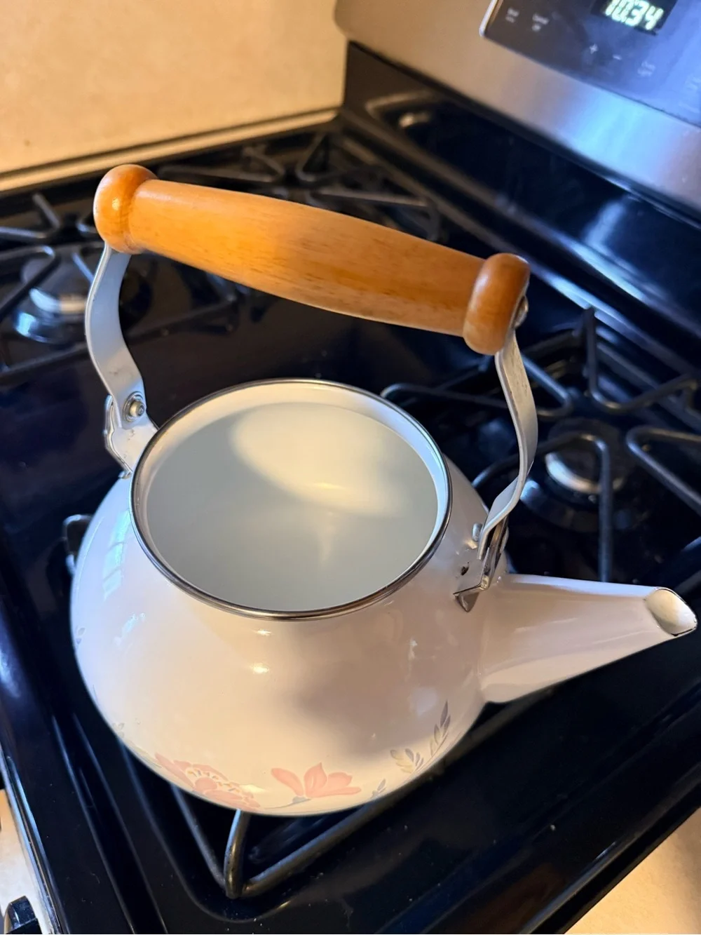 Corelle White Floral Ceramic Teakettle with Wooden Handle